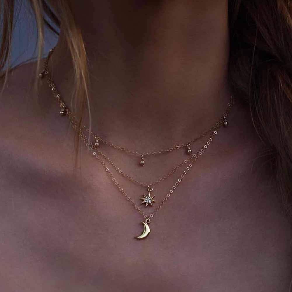 Jovono Bohemian Multi - Layer Necklace with Beads and Rhinestone Stars and Moon For Women and Girls