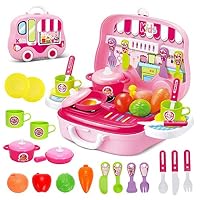 Life-Tandy Kitchen Play Set and Foods for Kids and Toddlers Pretend Pots, Pans and Dishes with Little Foods Utensils and More Perfect for Pretend Play Boys and Girls (Pink)