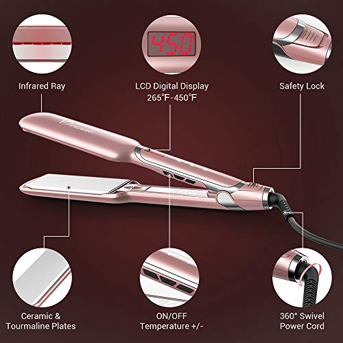 Ovonni Infrared Ionic Hair Straightener, Dual Voltage 2 inch Wide Plate Ceramic Tourmaline Flat Iron, Professional LCD Digital Display Auto Shut Off Straightener Iron for Restoring Damaged Hair (Gold)