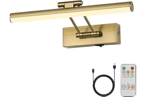 JUSHENG Battery Operated Picture Light with Remote and Timer, Wireless Art Light with Swing Arm, Rechargeable Gallery Lighting Display Light for Frame Artwork Canvas Portrait Brass 12.6'' Inch 2W
