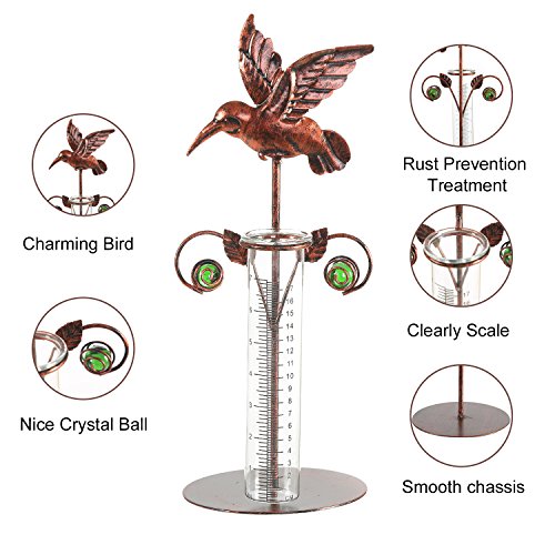 CEDAR HOME Rain Gauge Outdoor Garden Wireless Glass Brass Metal Tabletop Cute Professional Raingauge for Lawn Yard Patio Decor 8oz. by, 7" W x 6" D x 16" H, Copper Bird