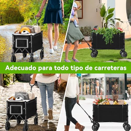 SAFONUS Carrito Plegable con Ruedas Giratorias y Puerta Lateral - Portátil para Carga Extra Larga hasta 150 Kg, Plegado Fácil por Mujeres Adultas, Transporte de Mercancías, Niños y Mascotas (Negro)