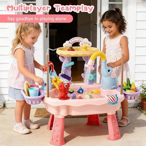Upgraded Toddler Sand Water Table Toy with Electric Water Pump, Kids Sand Water with Faucet/Play Food Accessories and Fishing Toy, Kitchen Play Sink Toys for Girl Boy Age 3+ (Pink)