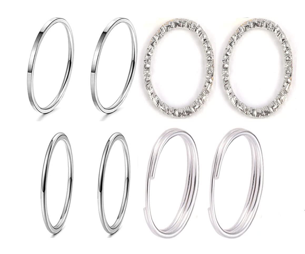 LCT Silver midi rings Set of 8 thick thin mixed style mid stacking ring smooth small and large (4small 4large)