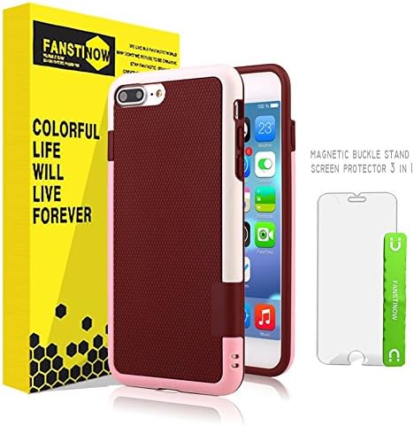 iPhone 7 plus Case Screen Protector stand 3 in 1 , Fanstinow [Color Blocking Series] 3 Color Ultra Impacted Case Shockproof Anti-Scratch Protective Bumper Case with Card slot (Pink White)