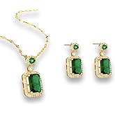 Lonbamu Women Jewelry Set Rhinestone Zircon Emerald Pendant Necklaces & Earrings Set 925 Sterling Silver Created