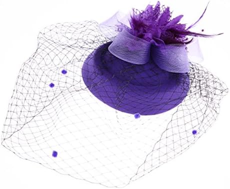 JYbetsy Fascinator Hair Clip Pillbox Hat Bowler Feather Flower Veil Wedding Party Hat (purple)
