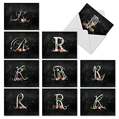The Best Card Company - 10 Initial Letter B Assorted Blank Notecards, Floral Monogramed Personal Stationery w/Envelopes Bulk Box Set 4 x 5.12 Inch Thank You Notes - R Chalk and Roses M3834OCB-B1x10