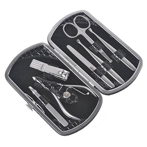 ETTG All in 1 Stainless Steel Personal Manicure Pedicure Ear Pick Nail-clippers Set Travel Grooming Kit Travel & Grooming Set Personal Care Tools with Leather Case (7 pcs-mini pack)