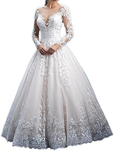 Jdress Women's Lace Wedding Dresses for Bride 2018 Ball Gowns Long Sleeves
