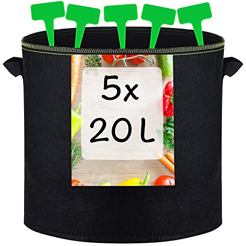 Praknu 5X Pflanzsack 20L aus Vliesstoff mit Pflanzenstecker zum Beschriften - Mit Griff - Für Kräuter