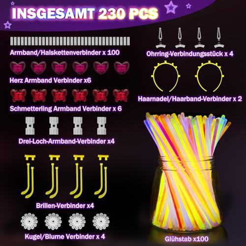 Millegu Glow Sticks Party Set, 100 Pieces Glow Sticks, 130 Connectors, Neon Glow Sticks Chains and Luminous Glasses for Children, Decoration for Festival, Weddings, Christmas, Party, New Year's Eve