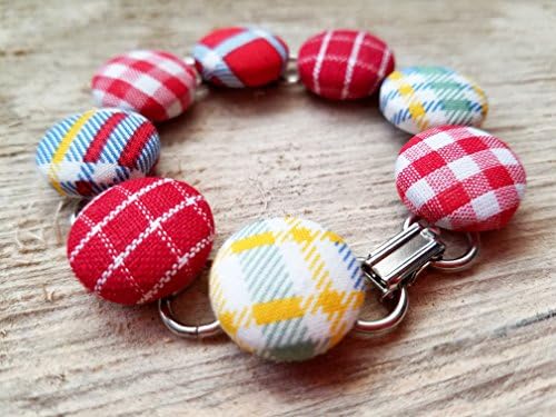 Preppy tartan plaid button handmade bracelet jewelry - 7 1/2 inch button disc bracelet - Wrapped in a pillow box for gift giving!