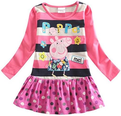 Girls Peppa Pig Cartoon Stitching Cotton Flounced Dress Long-sleeve (4y, Pink)