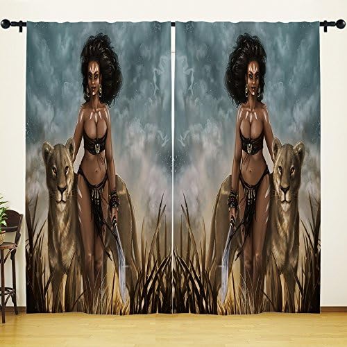 YOUHOME Window Curtain for Living Room,Sexy Afro American Woman With Wild Leopard Curtains Home Decorations for Bedroom Kids Room 2 Panels Set,54x84inch,Gray,Brown