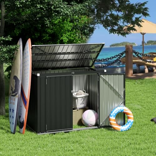 Goplus Outdoor Trash Can Storage Shed, Large Lockable Garden Shed w/Double Openings, 2 Doors, Galvanized Steel Frame, Storage Organizer for Backyard Garden Patio Lawn, 172 x 95,5 x 130 cm (L x W x H)