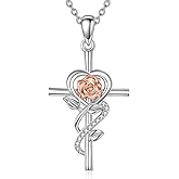 HBLICY Cross Necklace Sterling Silver Cross Rose Birth Flower Pendant Necklace Jewelry Gifts for Women
