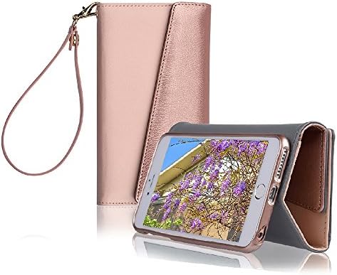 iPhone 6s Plus, 6 Plus Wristlet Wallet Case, 5.5", New Modern Metallic Wristlet, Card Slots, Wraparound Case, Bi-Cast Leather, Detachable Strap, Strengthened Magnetic Closure, Rose Gold (v2)