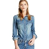 Deargles Lady Long Sleeve Button Down Denim Shirt Jean Lapel Slim Blouse Belle Blue XL