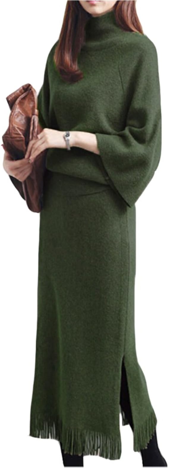 Amazon ニット ワンピース アンサンブル ドレス セーター スカート スリット フリンジ カジュアル シンプル きれいめ スタイル ストレート アンサンブル 通販