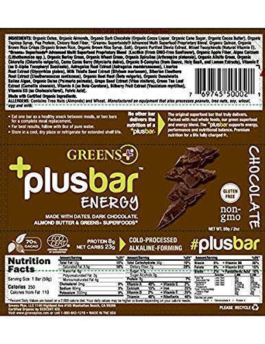 image for Greens+ Plusbar Energy Chocolate | Organic | Vegan | Non-GMO | Soy, Da