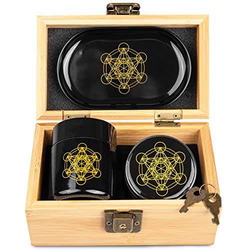 Stash Box Combo - Locking Wooden Box with Grinder, Rolling Tray, Smell Proof Glass Jar - Bamboo Box with Lock Accessories Kit - Metatron's Cube Design