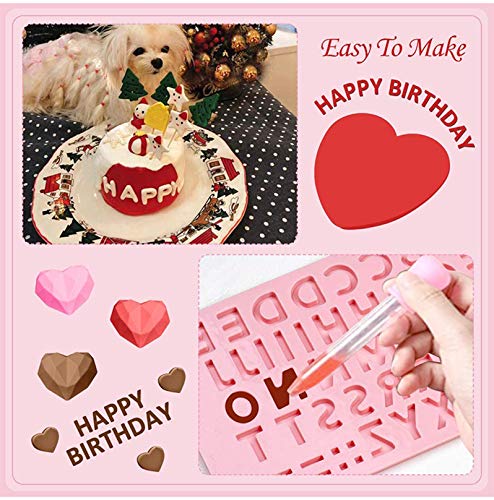 Diamond Heart Shaped Silicone Chocolate Mold, 7pcs Diamond Heart Mousse Cake Mold Trays with Wooden Hammers, Number and Letter Mold, Heart Button Fondant Mold for Valentine Candy Chocolate