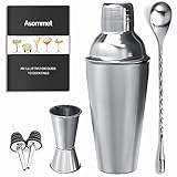 Professional Cocktail Shaker Set By ASOMMET: 21oz Shaker With Built-in Strainer, Bartender Kit With Leakproof Martini Shaker, Spoon Wine Pourer Measuring Jigger Recipes, Rustproof 304 Stainless Steel