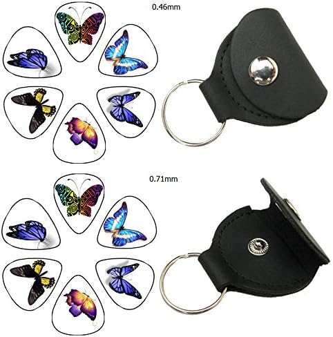 Easeicon 12-Pack Butterfly Theme (Colorful Wings, Thin Body) Celluloid Electric, Acoustic or Bass Guitar Picks, 2 Leather Plectrum Holder Case Keychain Cover Included