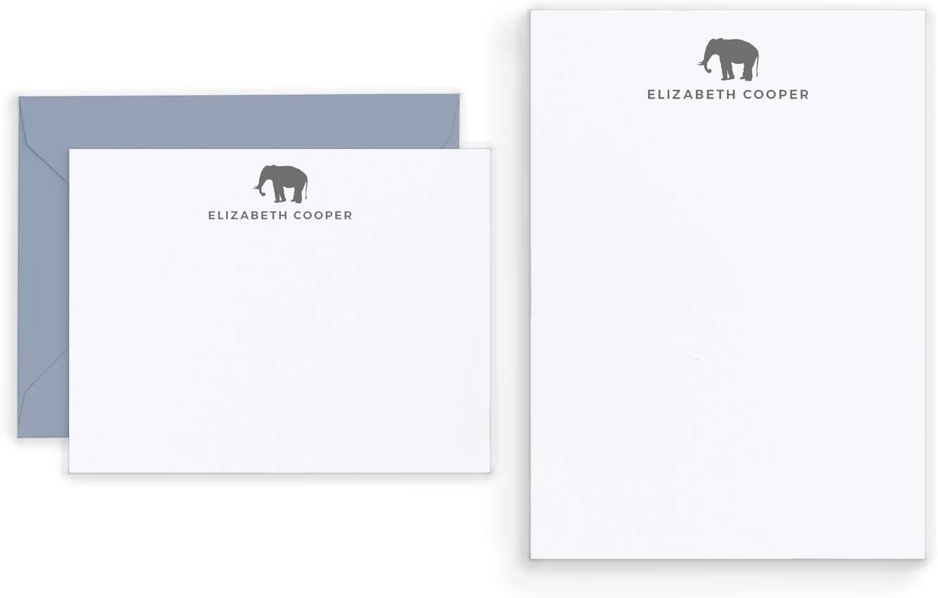 CURIO PRESS Personalized Stationery BUNDLE - Flat Cards, Envelopes + Notepad - Elephant Silhouette Stationary Pack - ELEPHANT 2-SET