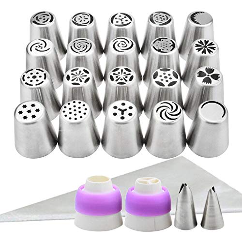 YIHONG Set of 20 Russian Piping Tips, Baking Supplies Cake Decorating Tips for Cookies Cupcake Birthday Party,20 Icing nozzles, 2 Leaf piping tips,1 Tri-coupler,1 Single-coupler - Thumbnail 5