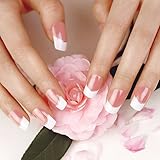 ArtPlus 24pcs Silver Stripe False Nails French Manicure Full Cover Long Length with Glue Fake Nails