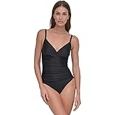 DKNY Womens Surplice Ruched Spaghetti Strap One Piece Swimsuit with Tummy Control