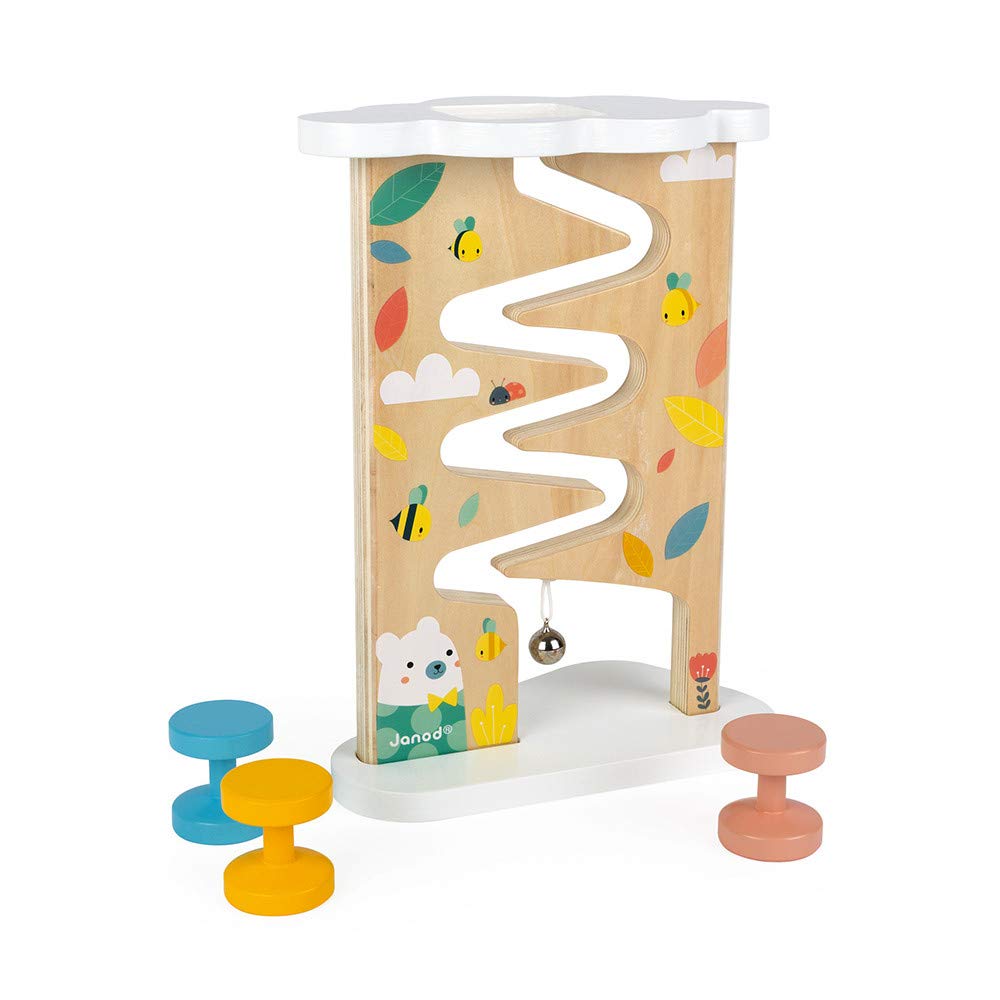 Janod - Pure Wooden Ball Track - Early Learning Toy - Fine Motor Skills Training - Water-Based Paint and Wood - from 1 Year Old, J05153