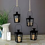 4 Black Mini Flameless Lanterns with 4 Ivory Resin Votive Candles, Warm White LEDs, Matte Finish, Indoor/Outdoor Use, Batteries & Remote Included