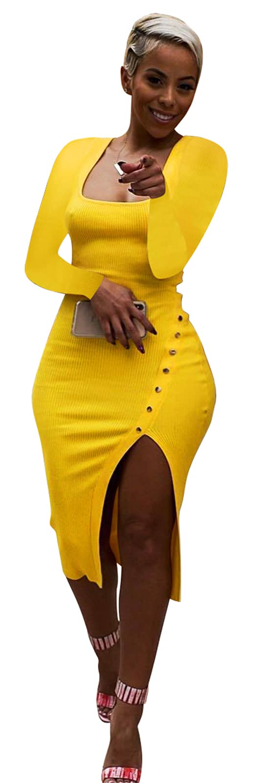 Salimdy Womens Sexy Soild Color Long Sleeve Ribbed Buttons Side Split ...