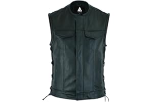 Men’s Collarless Leather Biker Vest SOA-Style Motorcycle Waistcoat Side Laces Concealed Carry Pockets Durable