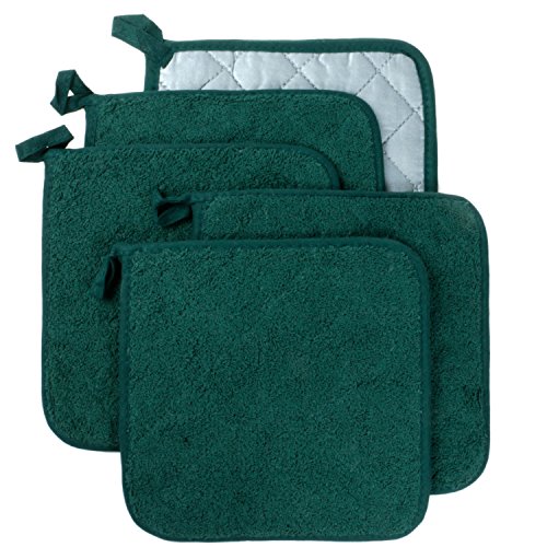 100% Cotton Kitchen Everyday Basic Terry Pot holder Heat Resistant Coaster Potholder for Cooking and Baking Set of 5 Forest Green - Thumbnail 5