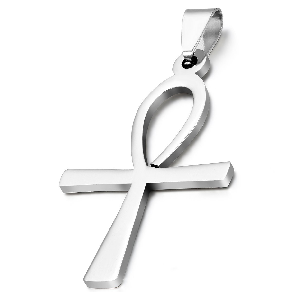 Flongo Men's Womens Tribal Stainless Steel Silver Egyptian Ankh Cross Pendant Collectible Egypt Necklace, 22 inch Chain, Anniversary Christmas Valentine's Gift