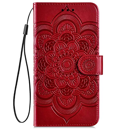 PHEZEN Case for Samsung Galaxy Note 10 Plus Wallet Case,Embossing Mandala Flower PU Leather Magnetic Folio Flip Case Full Body Protective Phone Case Cover with Stand Card Slot Wrist Strap - Red