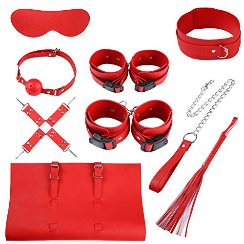 BDSM Bondage Set with Storage Bag Erotic Bundle Toys for Adult – PU Leather Costume Accessory Set for Couples, Lover – Easy to take Anywhere,Red