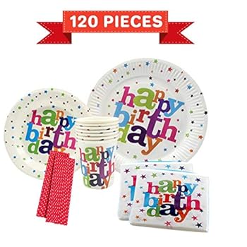 120 PCS Happy Birthday Plates & Napkins Set for 20 People-Sturdy Birthday Party Supplies Pack with Large Paper Plates, Small Plates, Cups, Napkins, Straws Best for Girls & boy