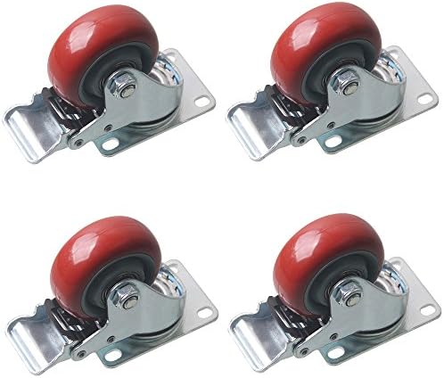 4 Pack Rubber Heavy Duty Plate Swivel Caster with Double Brake-Bordeaux Red
