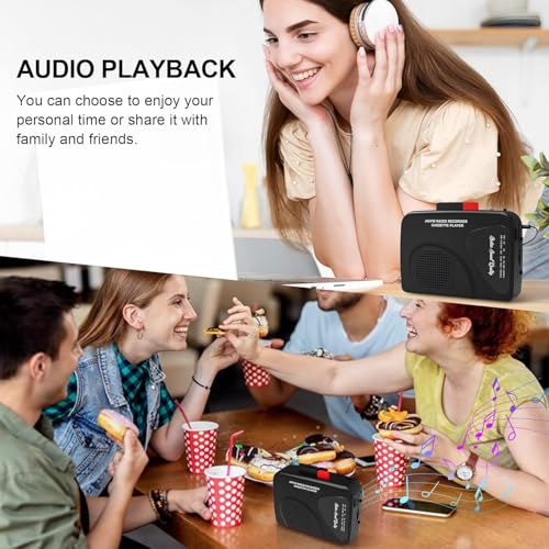 Reproductor de casete portátil y grabador de casete con radio AM/FM, altavoz integrado, conector para auriculares y clip para cinturón (negro)