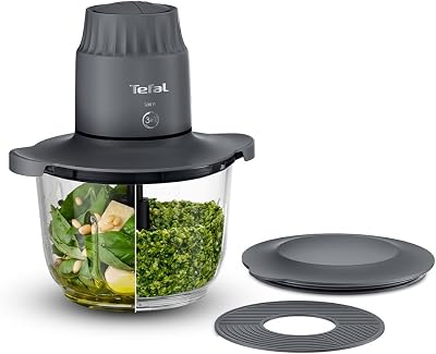Choppeo XXL Chopper Capacità 2L Ciotola in Vetro Mini Robot da Cucina Mini Robot da Cucina Tappetino Antiscivolo Coperchio per Avanzi, 2 Velocità, 500W, Hummus, Verdure, Grigio MB603BG1
