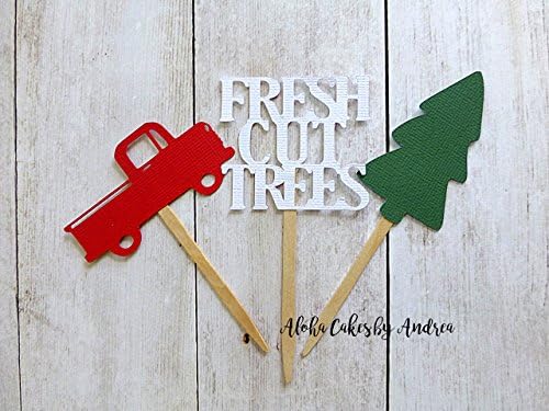 Christmas Cupcake Toppers, Little Red Truck and Tree , Christmas Vintage Party, Fresh Cut Trees, Winter Woods Party, Food Pick, Holiday Party Ideas, Set of 12
