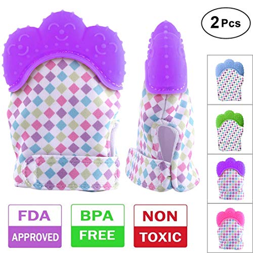 Teething Mitten, FenglinTech 2PCS Baby Soothing Teether Crawling Protective Gloves with Hygienic Travel Bag - (Purple)