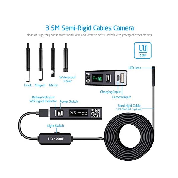 aasier Endoskopkamera WiFi USB Endoskop Inspektionskamera 8mm Halbsteife Kabel 2.0 Megapixels 1200P HD IP68 Wasserdicht… – Bild 6