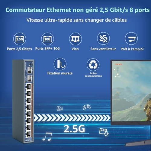 Unmanaged 10 Ports 2.5G Ethernet Switch, 8 Ports 2.5G Base-T, 2 x 10G SFP, Compatible with 100/1000/2500Mbps, Metal, Desk/Wall Mounted, YuanLey 2.5Gbe Network Switch for Wireless AP, NAS, PC