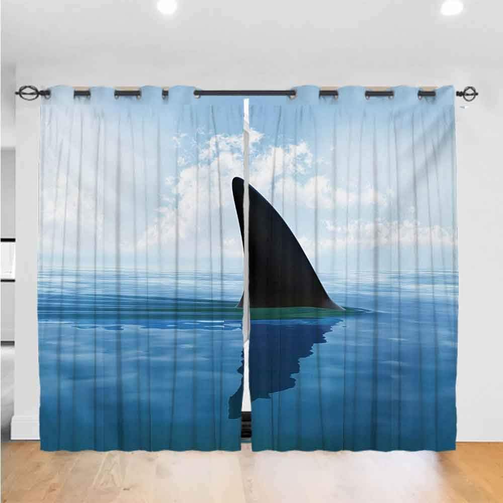Mozenou Shark Chinese Style Curtain Shark Fish Fin Over The Sea Surface Danger Caution Themed Picture Shading and Heat Protection W96 x L84 Grey Violet and Pale Blue